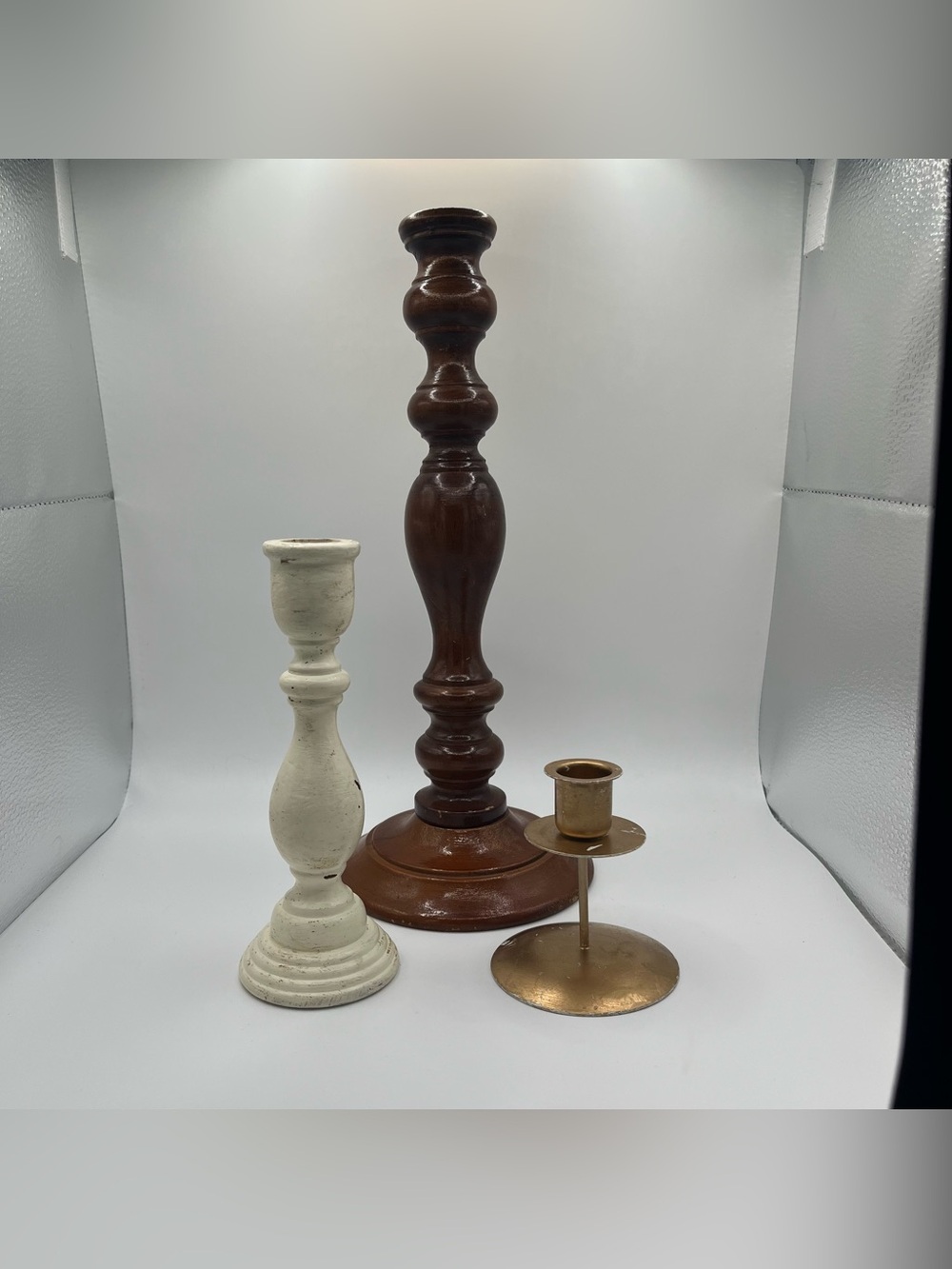 Vintage Wood Metal Candlestick Cream Gold - Multi size Bundle of 3